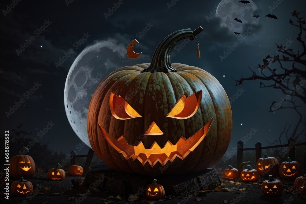Halloween background with pumpkins and bats at night