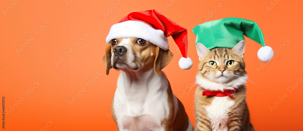 Two pets celebrating: joyful dog and cat against a red Christmas backdrop.
