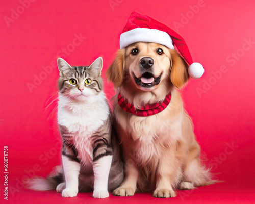 Joyful dog in a Santa hat and cat posed on a pink backdrop. © tania_wild