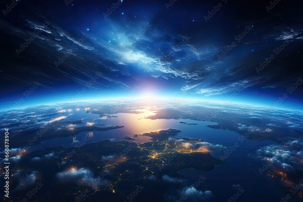 Sunrise over the planet Earth, Earth view from space station, vibrant blue planet, 3D rendering, Earth Space View