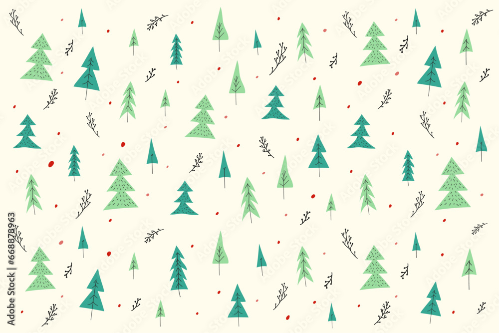 Hand-drawn Christmas Trees Pattern, Festive Holiday Vector Background