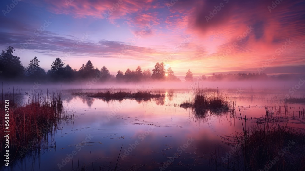wetland, wide angle, dramatic lighting, twilight, misty, copy space, 16:9 wetland, wide angle, dramatic lighting, twilight, misty, copy space, 16:9