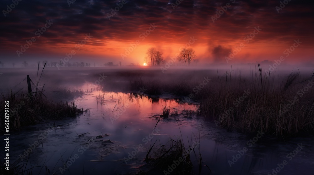 wetland, wide angle, dramatic lighting, twilight, misty, copy space, 16:9 wetland, wide angle, dramatic lighting, twilight, misty, copy space, 16:9