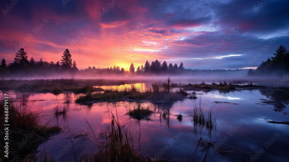 wetland, wide angle, dramatic lighting, twilight, misty, copy space, 16:9 wetland, wide angle, dramatic lighting, twilight, misty, copy space, 16:9