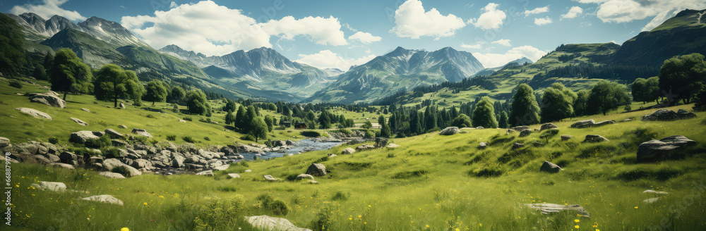 A Spring Alps Landscape, Unfolding the Fresh Embrace of Spring Over Majestic Alpine Peaks, Crafted by Generative AI