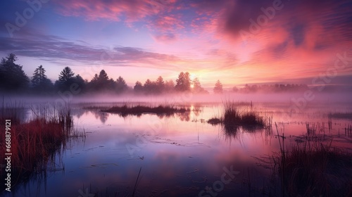 wetland, wide angle, dramatic lighting, twilight, misty, copy space, 16:9