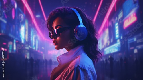 woman, synthwave aesthetic, copy space, 16:9