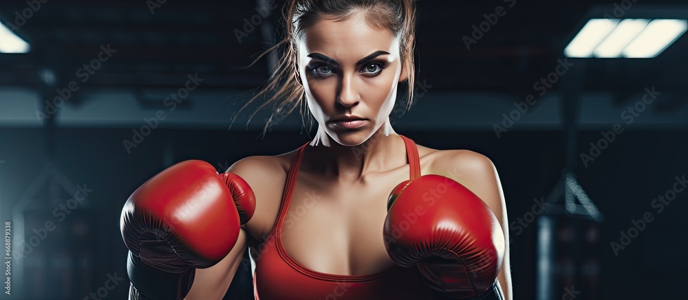 Female gym goer clad in boxing gloves trains rigorously