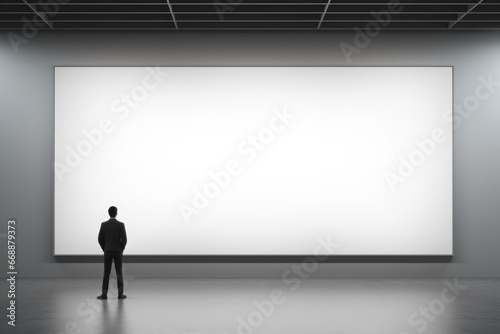 Businessman standing before long white blank poster mockup