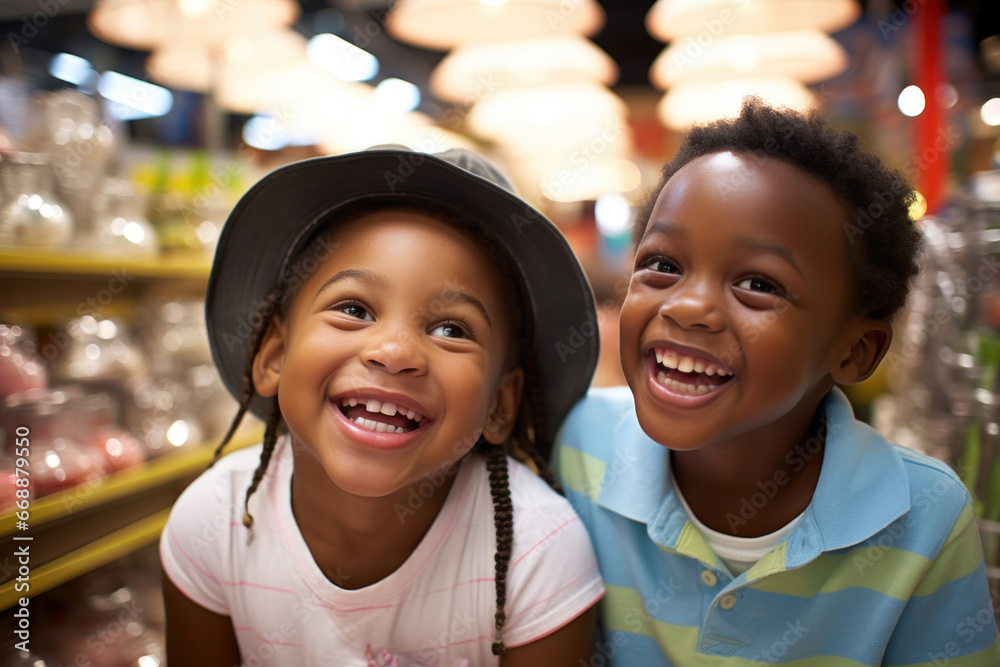 Joyful kids of African descent laugh and play in a toy store, their laughter echoing the pure innocence of childhood