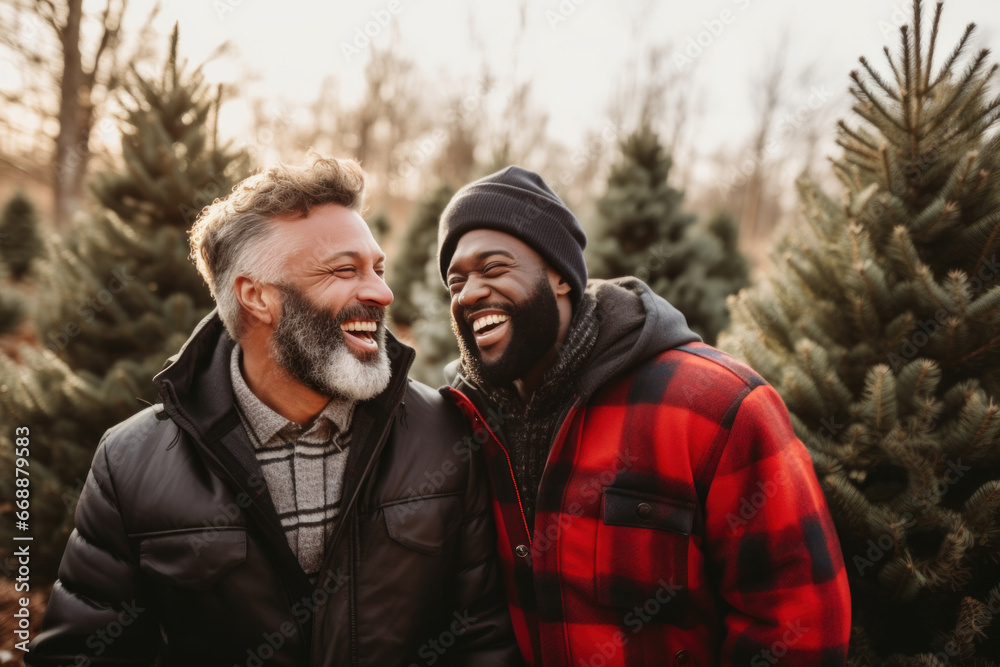 Two satisfied men enjoy the process of selecting a Christmas tree, their cheerful expressions capturing the festive spirit in the air