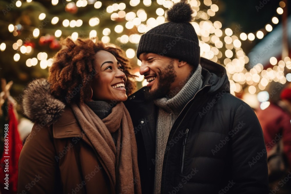 A cheerful couple, male and female, embracing the festive atmosphere, smiling affectionately at each other under the holiday lights