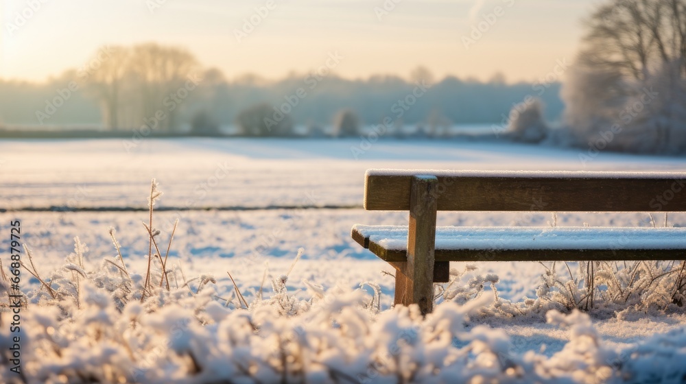 A wooden bench sitting in the middle of a snow covered field. Generative AI.