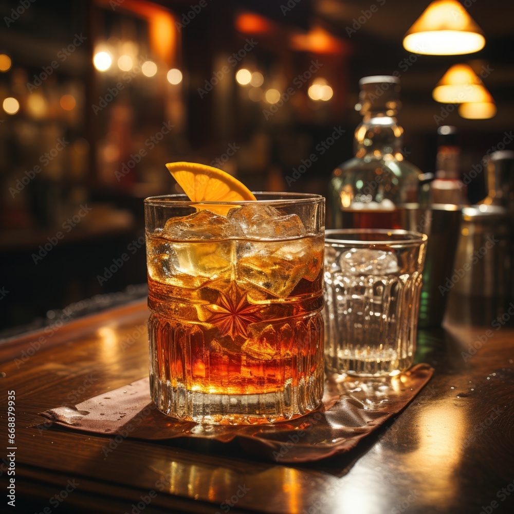 delicious alcoholic old fashioned cocktail with a slice of orange, bar counter in the background. generated by AI