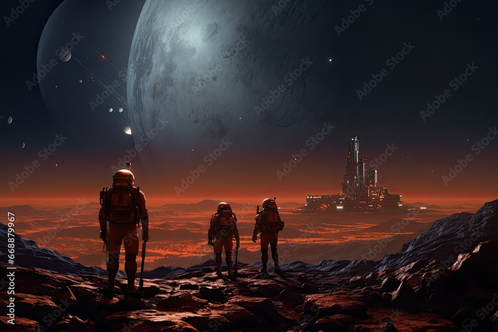 Astronauts exploring a planet in outer space, 3D rendering, Artemis space program, realistic science fiction art, Astronaut walking on Mars,  Astronaut at the Earth orbit - obrazy, fototapety, plakaty 