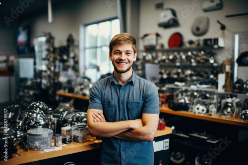 A smiling male salesperson stands among car accessories, ready to assist customers with a wide range of automotive products photo