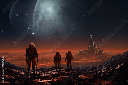 Astronauts exploring a planet in outer space, 3D rendering, Artemis space program, realistic science fiction art, Astronaut walking on Mars,  Astronaut at the Earth orbit