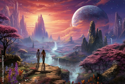 Fantasy landscape with a man and a woman on the background of the planet, Fantasy landscape with an alien planet and a pair of lovers, A Romantic Stroll on Venus Envision a couple