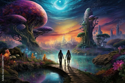 Fantasy landscape with a man and a woman with their child walking along the path, Fantasy alien planet, Fantasy landscape, Loving couple in front of a magic tree photo