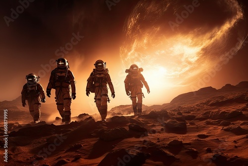 Astronauts in the desert, 3D illustration, astronauts exploring the surface of Saturn's Titan, A team of astronauts arrives on Mars and discovers, Astronauts on a remote planet