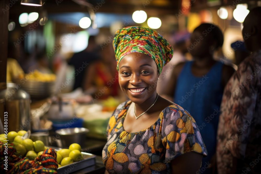 A cheerful woman, the owner of a vegetable stand, smiles warmly while serving customers fresh produce - obrazy, fototapety, plakaty 