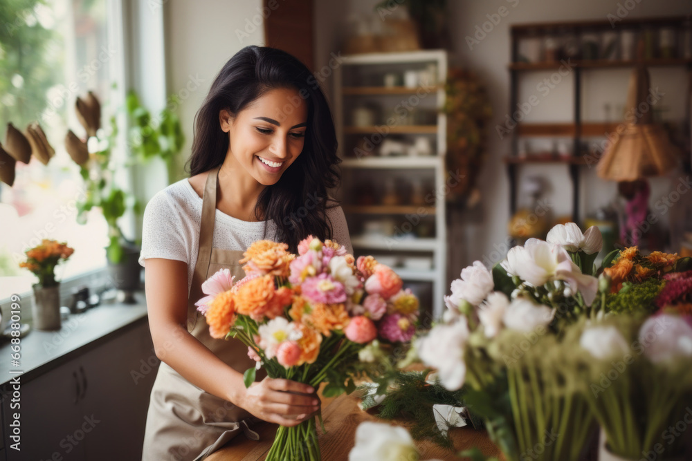 A delighted female florist lovingly crafts floral arrangements, her smile reflecting the joy of creating art with flowers