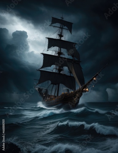 pirate ship in the storm at night background photo