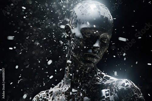 Cyborg woman in the dark, Artificial intelligence concept, 3D Rendering, female humanoid robot invention on dark black background, Surreal composition. photo