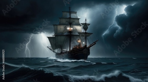 pirate ship in the storm at night background photo