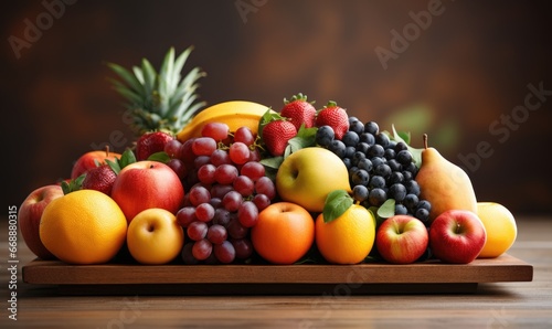 Mix of Raw fruits on a wooden board