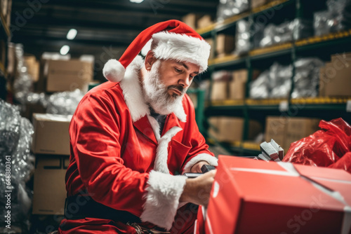 In the festive factory, Santa meticulously prepares presents, ensuring the joy of giving is felt in every wrapped box