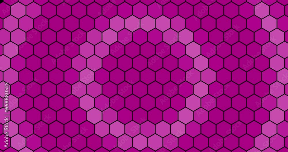 Glowing honeycomb shape pattern grid in circular Radial radiowave style. hexagonal honeycomb with offset effect. Pink abstract glowing sci-fi background. Hexagonal wall moving in waves