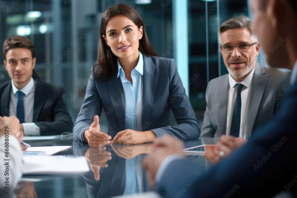 Diverse professional executive team working at meeting in office. young business woman manager leader talking to board people consulting partners investors discussing project management in teamwork. Diverse professional executive team working at meeting in office. young business woman manager leader talking to board people consulting partners investors discussing project management in teamwork.