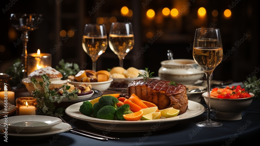 Christmas dinner table full of dishes with meat and vegetables. In the background is New Year's decor. The table is decorated with fir branches, garland lights, in a dark style Christmas dinner table full of dishes with meat and vegetables. In the background is New Year's decor. The table is decorated with fir branches, garland lights, in a dark style