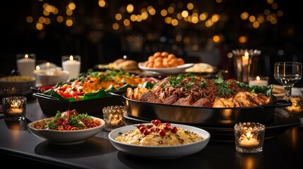 Christmas dinner table full of dishes with meat and vegetables. In the background is New Year's decor. The table is decorated with fir branches, garland lights, in a dark style