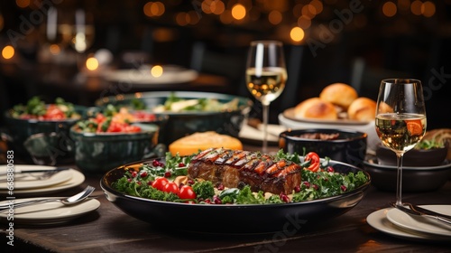 Christmas dinner table full of dishes with meat and vegetables. In the background is New Year's decor. The table is decorated with fir branches, garland lights, in a dark style