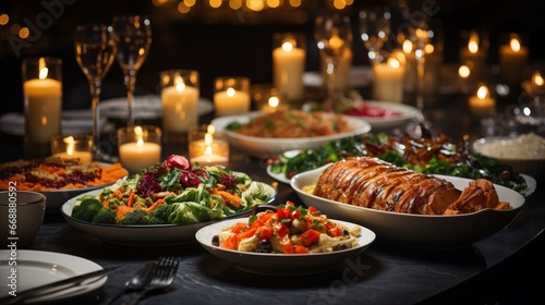 Christmas dinner table full of dishes with meat and vegetables. In the background is New Year's decor. The table is decorated with fir branches, garland lights, in a dark style