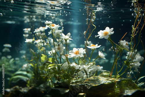 Weiße Blumen in flachem Wasser mit Luftblasen, überschwemmt, Generative AI, KI