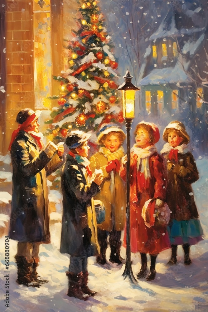 children sings christmas songs on street during the christmas