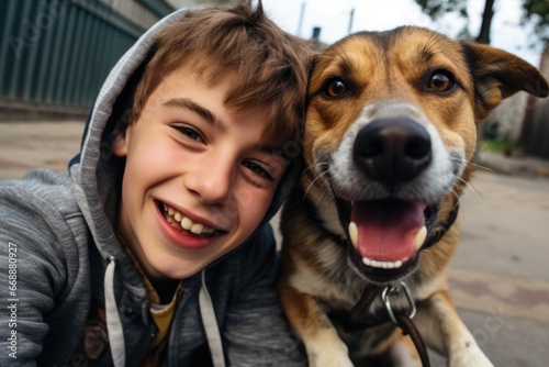 A boy and his dog are smiling for the camera. Generative AI.