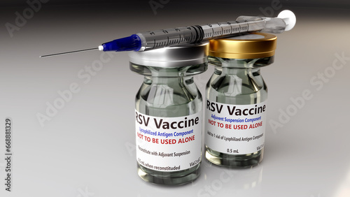 Vaccine vials used for Respiratory Syncytial Virus (RSV) with a syringe.