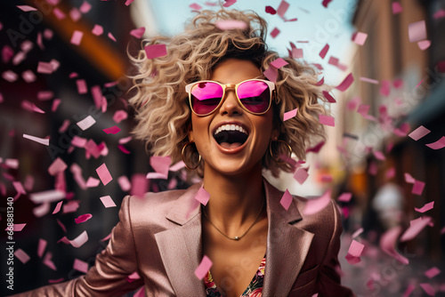 A fashionable woman in pink glasses is celebrating an event