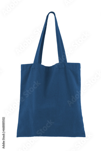 Fabric cotton, linen shopping sack, tote bag isolated on white, transparent background, PNG. Reusable blue grocery shopping bag, mockup, template for design, copy space. Eco friendly, zero waste