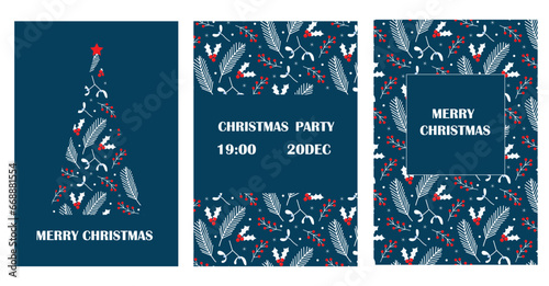 Merry Christmas Holiday cards with Christmas tree,floral ornaments and  frames, background and copy space. Vector illustration