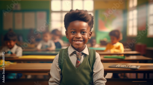 A young boy in a green vest and tie standing in a classroom. Generative AI. photo