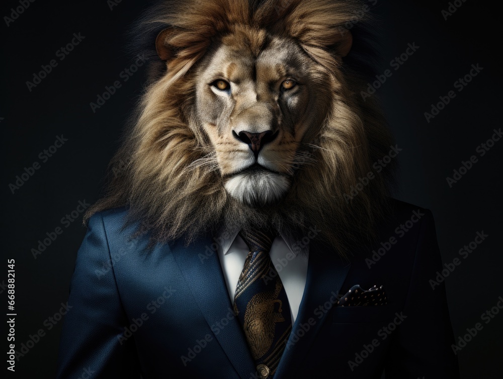 A lion wearing a suit and tie. Generative AI. A lion wearing a suit and tie. Generative AI.