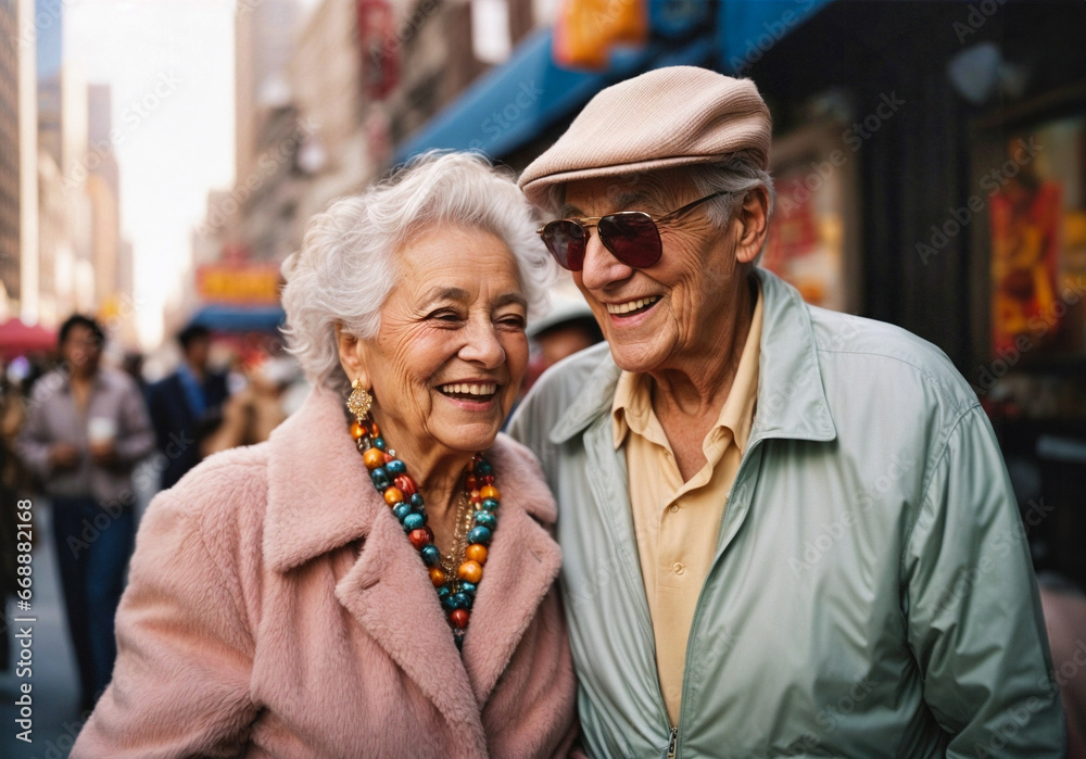 An extravagant and joyful elderly couple happily strolls through the streets of New York. Couple happiness concept. An extravagant and joyful elderly couple happily strolls through the streets of New York. Couple happiness concept.
