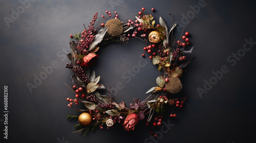 Elegant Autumnal and Fall Wreath with Dried/Live Flowers, Leaves, and Berries - Dark, Moody, Textured Vintage Background with Copy Space - Overhead Flat Lay View - Thanksgiving Winter Holiday Concept
