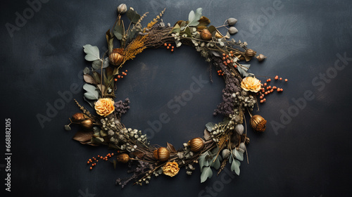 Elegant Autumnal and Fall Wreath with Dried/Live Flowers, Leaves, and Berries -  Dark, Moody, Textured Vintage Background with Copy Space - Overhead Flat Lay View - Thanksgiving Winter Holiday Concept