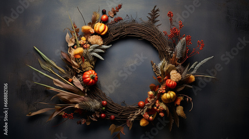 Elegant Autumnal and Fall Wreath with Dried/Live Flowers, Leaves, and Berries -  Dark, Moody, Textured Vintage Background with Copy Space - Overhead Flat Lay View - Thanksgiving Winter Holiday Concept